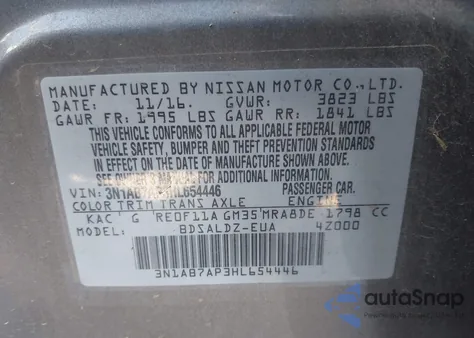 2017 Nissan Sentra Sv из США, поврежденный, VIN 3N1AB7AP3HL654446